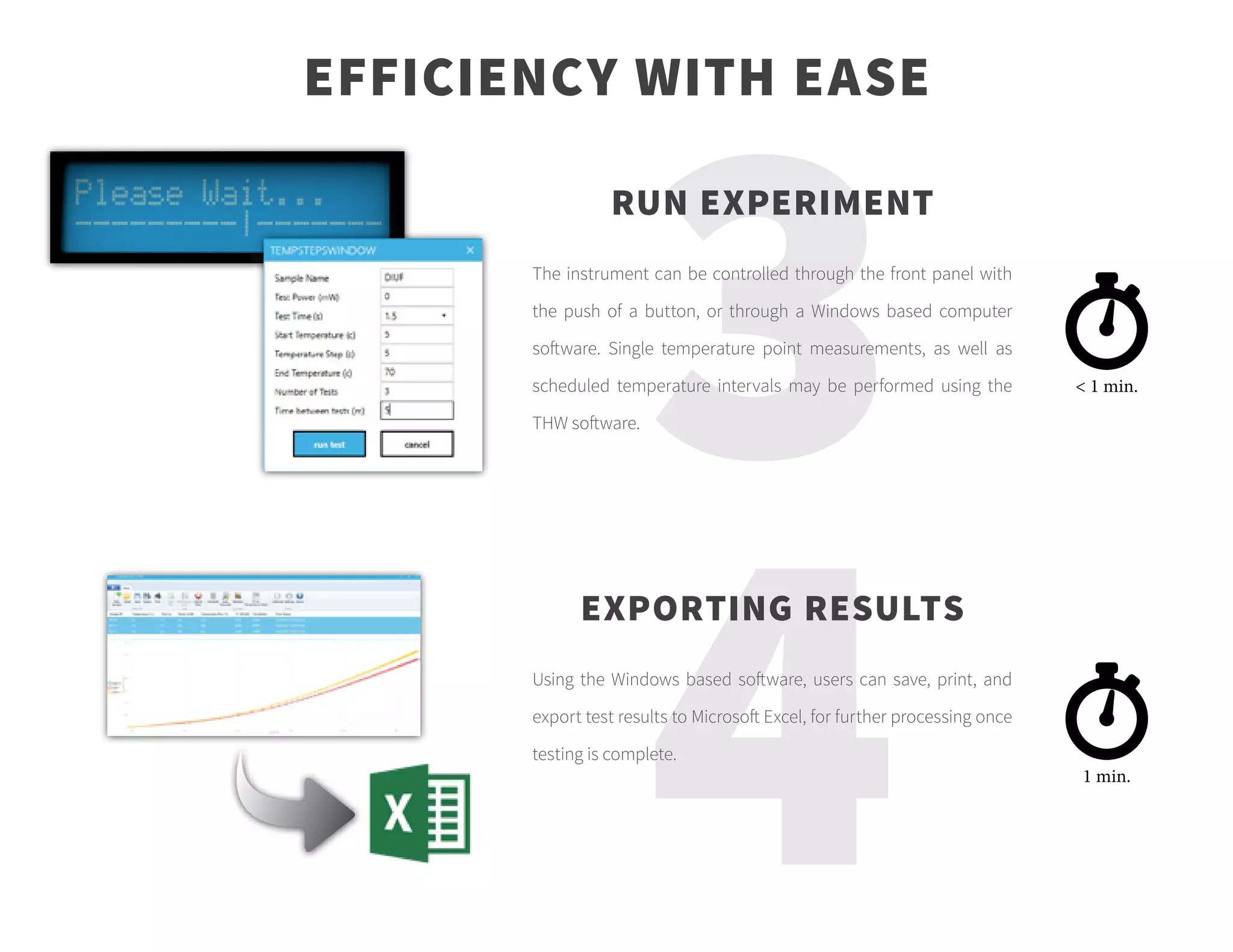 4
3
EFFICIENCY WITH EASE
< 1 min.
1 min.
Using the Windows based software, users can save, print, and
export test results to Microsoft Excel, for further processing once
testing is complete.
The instrument can be controlled through the front panel with
the push of a button, or through a Windows based computer
software. Single temperature point measurements, as well as
scheduled temperature intervals may be performed using the
THW software.
RUN EXPERIMENT
EXPORTING RESULTS
