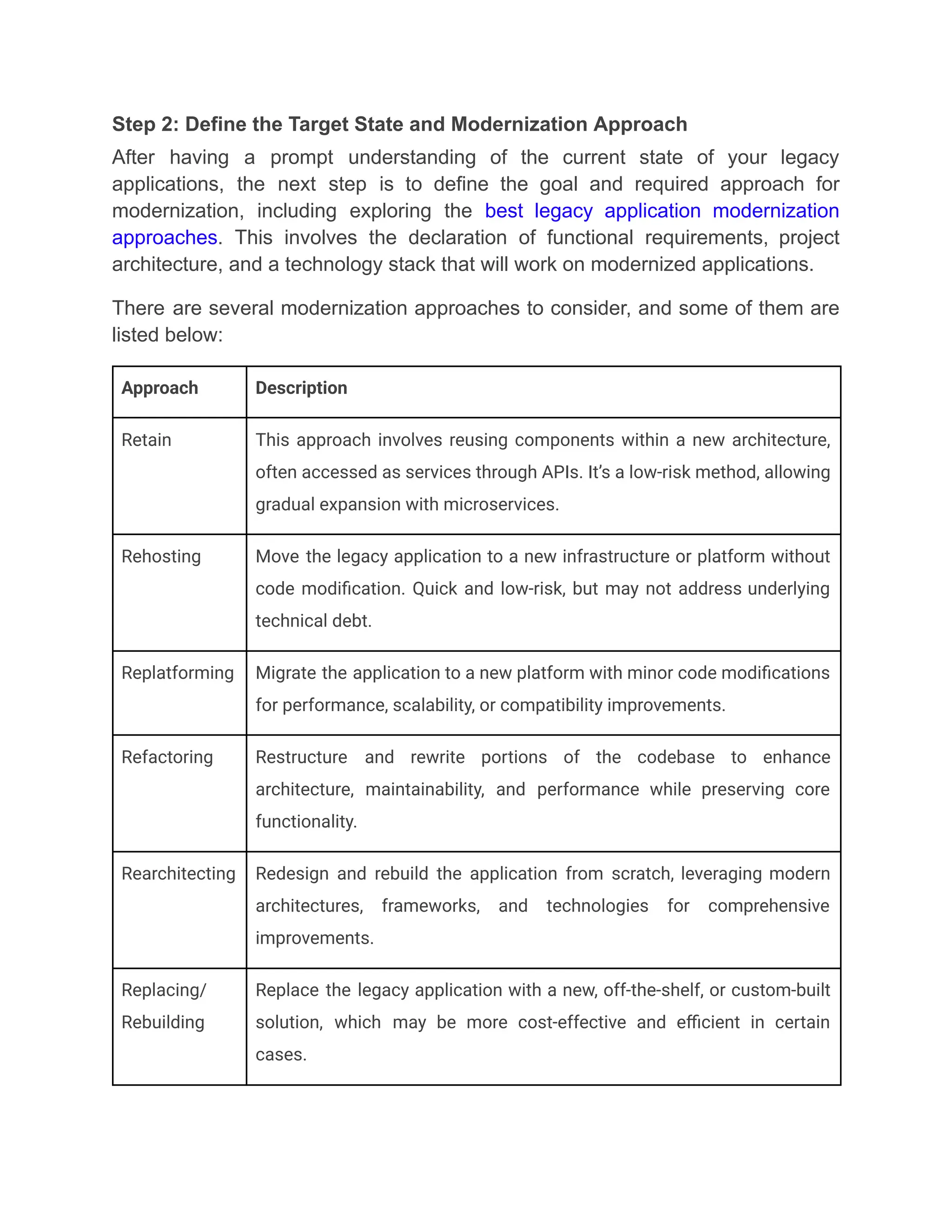 Step 2: Define the Target State and Modernization Approach
After having a prompt understanding of the current state of your legacy
applications, the next step is to define the goal and required approach for
modernization, including exploring the best legacy application modernization
approaches. This involves the declaration of functional requirements, project
architecture, and a technology stack that will work on modernized applications.
There are several modernization approaches to consider, and some of them are
listed below:
Approach Description
Retain This approach involves reusing components within a new architecture,
often accessed as services through APIs. It’s a low-risk method, allowing
gradual expansion with microservices.
Rehosting Move the legacy application to a new infrastructure or platform without
code modification. Quick and low-risk, but may not address underlying
technical debt.
Replatforming Migrate the application to a new platform with minor code modifications
for performance, scalability, or compatibility improvements.
Refactoring Restructure and rewrite portions of the codebase to enhance
architecture, maintainability, and performance while preserving core
functionality.
Rearchitecting Redesign and rebuild the application from scratch, leveraging modern
architectures, frameworks, and technologies for comprehensive
improvements.
Replacing/
Rebuilding
Replace the legacy application with a new, off-the-shelf, or custom-built
solution, which may be more cost-effective and efficient in certain
cases.
 