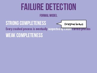 Failure detection 
Strong completeness 
Every crashed process is eventually suspected by every correct process 
Weak compl...