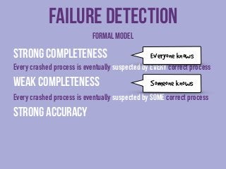 Failure detection 
Strong completeness 
Every crashed process is eventually suspected by every correct process 
Weak compl...