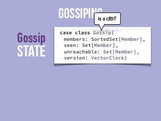 Gossip 
Seen set 
for convergence 
Unreachable set 
State 
GOSSIPING 
Is a CRDT 
Ordered node ring 
case class Gossip( 
me...