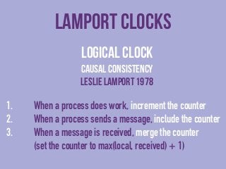vector clocks 
Extends 
lamport clocks 
colin fidge 1988 
1. Each node owns and increments its own Lamport Clock 
[node ->...