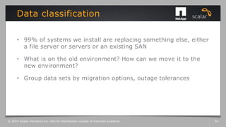 • 99% of systems we install are replacing something else, either
a file server or servers or an existing SAN
• What is on the old environment? How can we move it to the
new environment?
• Group data sets by migration options, outage tolerances
Data classification
© 2014 Scalar Decisions Inc. Not for distribution outside of intended audience. 54
 