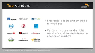 Top vendors.
© 2014 Scalar Decisions Inc. Not for distribution outside of intended audience. 7
• Enterprise leaders and emerging
technologies
• Vendors that can handle niche
workloads and are experienced at
developing markets
 