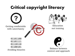 Critical copyright literacy
Education
not training
Balance between
content and approach
Getting comfortable
with uncertainty
Avoiding binaries
?
 