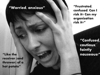 “Confused,
cautious,
faintly
nauseous!”
“Frustrated,
confused. Can I
risk it? Can my
organisation
risk it?”
“Worried, anxious”
“Like the
receiver (and
thrower) of a
hot potato”
 