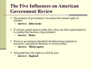 The Five Influences on American Government Review The purpose of government is to protect the natural rights of citizens. Answer:  John Locke If citizens cannot meet to make laws, they can elect representatives to conduct the business of government. Answer:  Rome Power in government should be divided among legislative, executive, and judicial branches to avoid tyranny. Answer:  Montesquieu All people have the right to a trial by jury. Answer:  England 