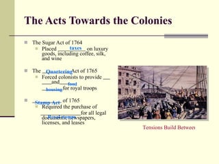 The Acts Towards the Colonies The Sugar Act of 1764 Placed  on luxury goods, including coffee, silk, and wine The  Act of 1765 Forced colonists to provide  and   for royal troops of 1765 Required the purchase of for all legal documents, newspapers, licenses, and leases Tensions Build Between the Colonies and the King taxes Quartering food housing Stamp Act Royal stamps 