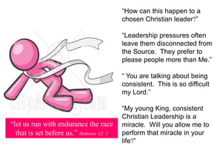 Lessons in Dependence “The great honour conferred upon David did not elate him.  Notwithstanding the high position which he was to occupy, he quietly continued his employment, content to await the development of the Lord’s plan in His own time and way.  As humble and modest as before his anointing, the shepherd boy returned to the hills and watched and guarded his flocks as tenderly as ever.” EGW, PP 641.  God revealed to this young shepherd King that the basic needs of the sheep and the children of Israel are the same. 