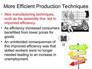 More Efficient Production Techniques
• New manufacturing techniques,
such as the assembly line, led to
improved efficiency.
• As efficiency increased consumers
benefitted from lower prices for
goods.
• An unintended consequences of
this improved efficiency was that
skilled workers were no longer
needed leading to an increase in
unemployment.
 