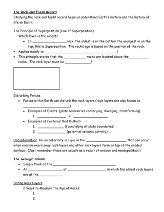 The Rock and Fossil Record
Studying the rock and fossil record helps us understand Earth’s history and the history of
life on Earth.

The Principle of Superposition (Law of Superposition)
   Which layer is the oldest?
          In _________________rock, the oldest is on the bottom the youngest in on the
          top, this is Superposition. The rock’s age is based on the position of the rock.
   Applies mainly to ____________________________________!
   This principle states that the ___________ rocks are located above the _________
   rocks. The rock layer must be _____________!




Disturbing Forces
      Forces within Earth can disturb the rock layers (rock layers are also known as
      _______________________).
          Examples of Events (plate boundaries converging, diverging, transforming)
             1. ______________ 2. _________________
          Examples of Features that Disturb:
             1. _____________ (found along all plate boundaries)
             2. ______________ (potential volcanic activity)

Unconformities: An unconformity is a gap in the ____________________ that can occur
when erosion wears away rock layers and other rock layers form on top of the eroded
surface. (Just remember these are usually as a result of erosion and nondeposition.)

The Geologic Column
      Simply think of the _______________________________
      An _________________ of ___________________ in which the oldest rock layers
      are at the ____________

Dating Rock Layers
      2 Ways to Measure the Age of Rocks:
             1.
             2.
 