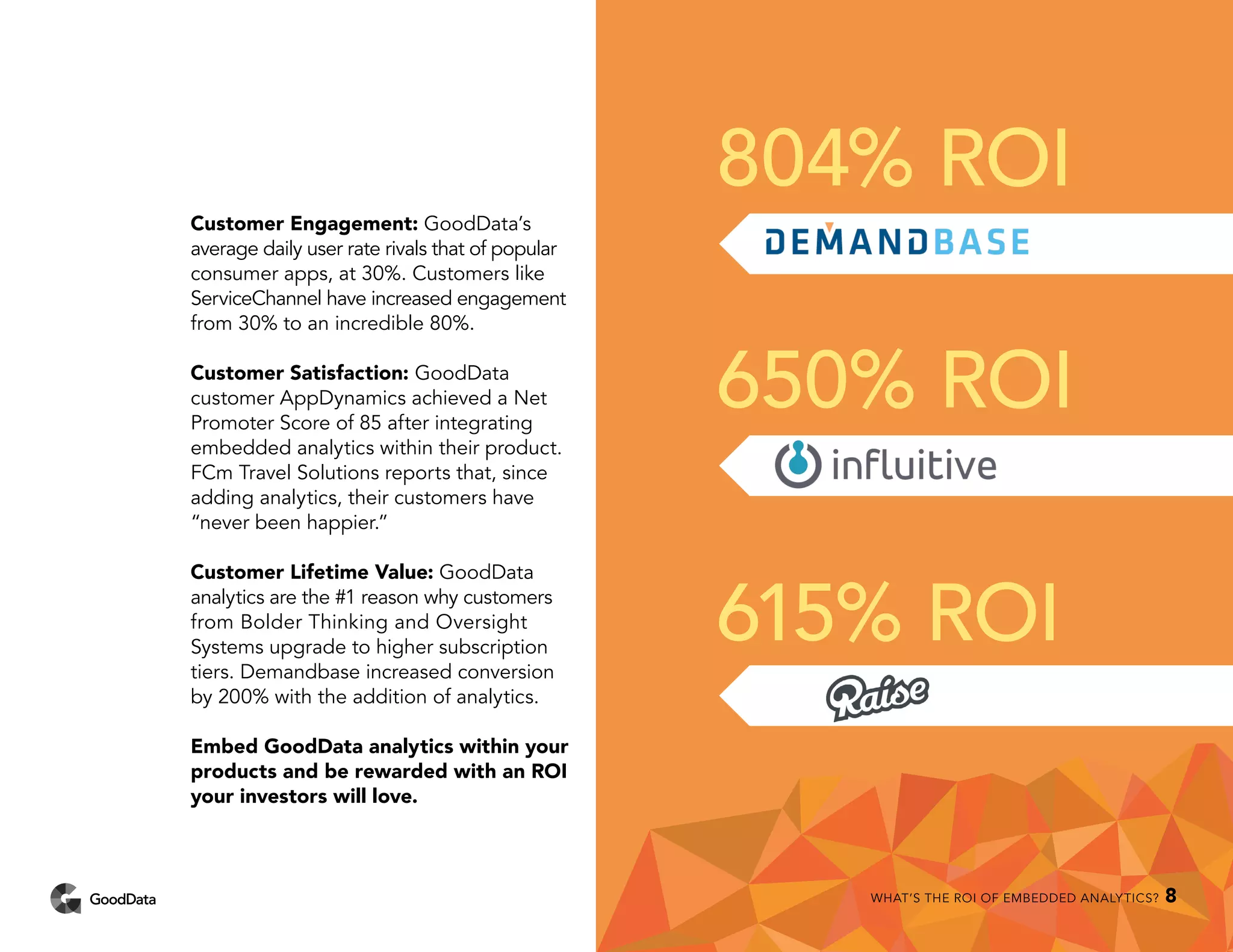 Customer Engagement: GoodData’s
average daily user rate rivals that of popular
consumer apps, at 30%. Customers like
ServiceChannel have increased engagement
from 30% to an incredible 80%.
Customer Satisfaction: GoodData
customer AppDynamics achieved a Net
Promoter Score of 85 after integrating
embedded analytics within their product.
FCm Travel Solutions reports that, since
adding analytics, their customers have
“never been happier.”
Customer Lifetime Value: GoodData
analytics are the #1 reason why customers
from Bolder Thinking and Oversight
Systems upgrade to higher subscription
tiers. Demandbase increased conversion
by 200% with the addition of analytics.
Embed GoodData analytics within your
products and be rewarded with an ROI
your investors will love.
804% ROI
650% ROI
615% ROI
WHAT’S THE ROI OF EMBEDDED ANALYTICS? 8
 