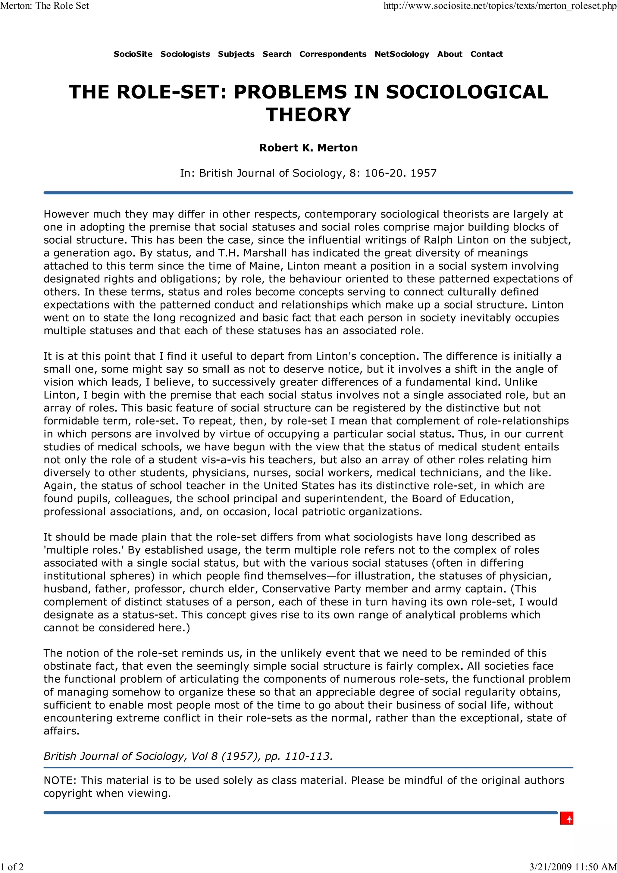 The Role Set Problems In Sociological Theory | PDF