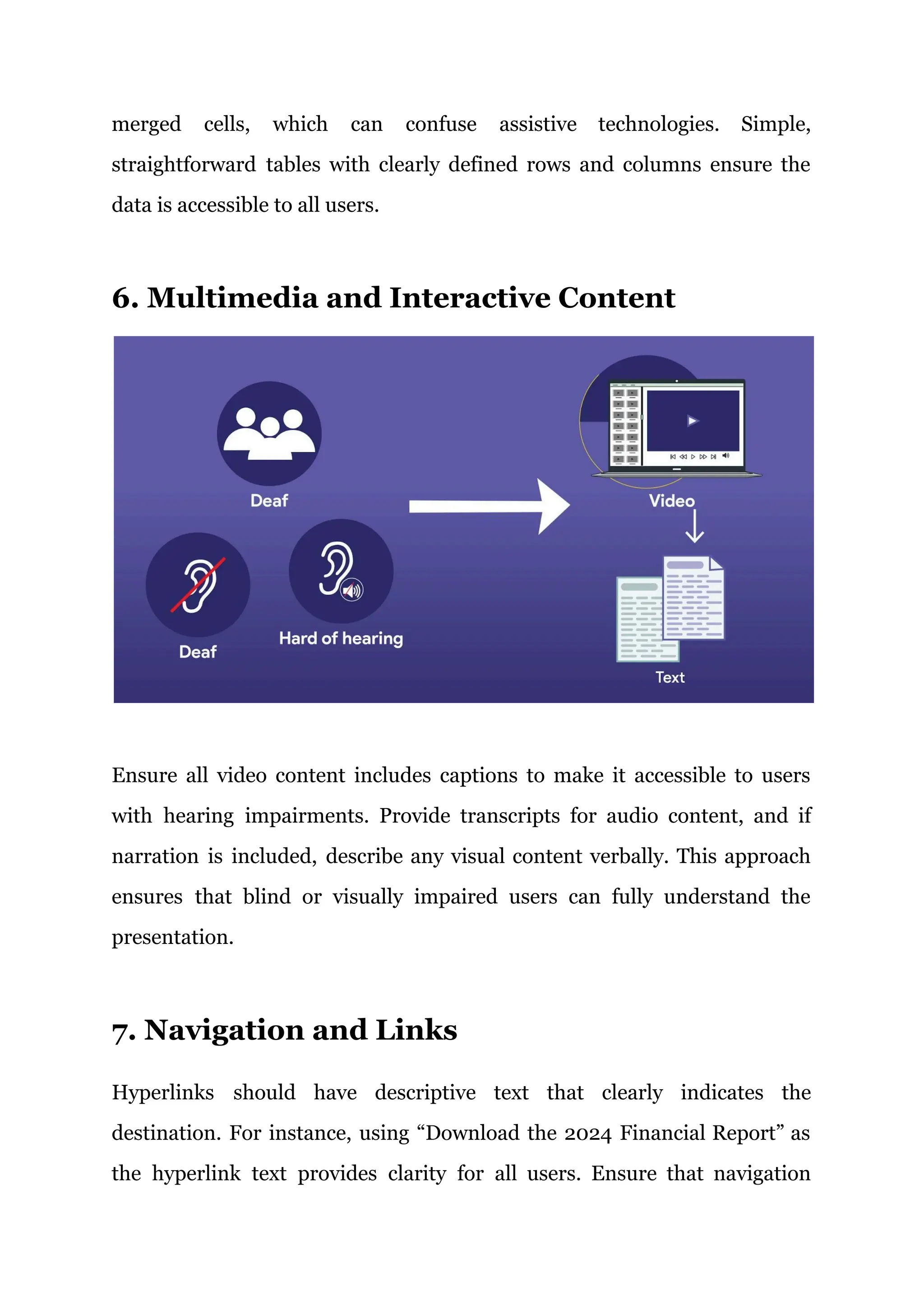 merged cells, which can confuse assistive technologies. Simple,
straightforward tables with clearly defined rows and columns ensure the
data is accessible to all users.
6. Multimedia and Interactive Content
Ensure all video content includes captions to make it accessible to users
with hearing impairments. Provide transcripts for audio content, and if
narration is included, describe any visual content verbally. This approach
ensures that blind or visually impaired users can fully understand the
presentation.
7. Navigation and Links
Hyperlinks should have descriptive text that clearly indicates the
destination. For instance, using “Download the 2024 Financial Report” as
the hyperlink text provides clarity for all users. Ensure that navigation
 
