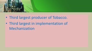 • Third largest producer of Tobacco.
• Third largest in implementation of
Mechanization
 