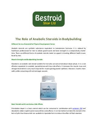 The Role of Anabolic Steroids in Bodybuilding
Different Forms of steroids for Physical Development Factor
Anabolic steroids are synthetic substances equivalent to testosterone hormone. It is advised by
healthcare professionals for men to obtain good muscle and bone strength in a comparatively shorter
time. There are different forms of anabolic steroids made to support in treating different health issues
faced by men.
Muscle Strength and Bodybuilding Steroids
Dianabol is an anabolic oral steroid suitable for men who are concerned about robust physic. It is a cost
effective equivalent to anabolic oxymetholone with less side effects. It increases the muscle mass and
nitrogen level which is very much required for muscle gaining protein synthesis. However, it works more
safely while consuming with anti-estrogen souvant.
Basic Steroids with Less Serious Side Effects
Primobolan depot is a basic steroid which can be consumed in combination with sustanon 250 and
dianabol to obtain rapid muscle mass with less side effects. It is in fact better to intake this steroid in the
form of pills than those which are available in injectable form to reduce the effect of fluid retention.
 