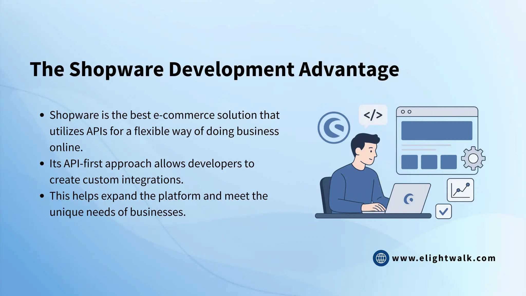 www.elightwalk.com
The Shopware Development Advantage
Shopware is the best e-commerce solution that
utilizes APIs for a flexible way of doing business
online.
Its API-first approach allows developers to
create custom integrations.
This helps expand the platform and meet the
unique needs of businesses.
 