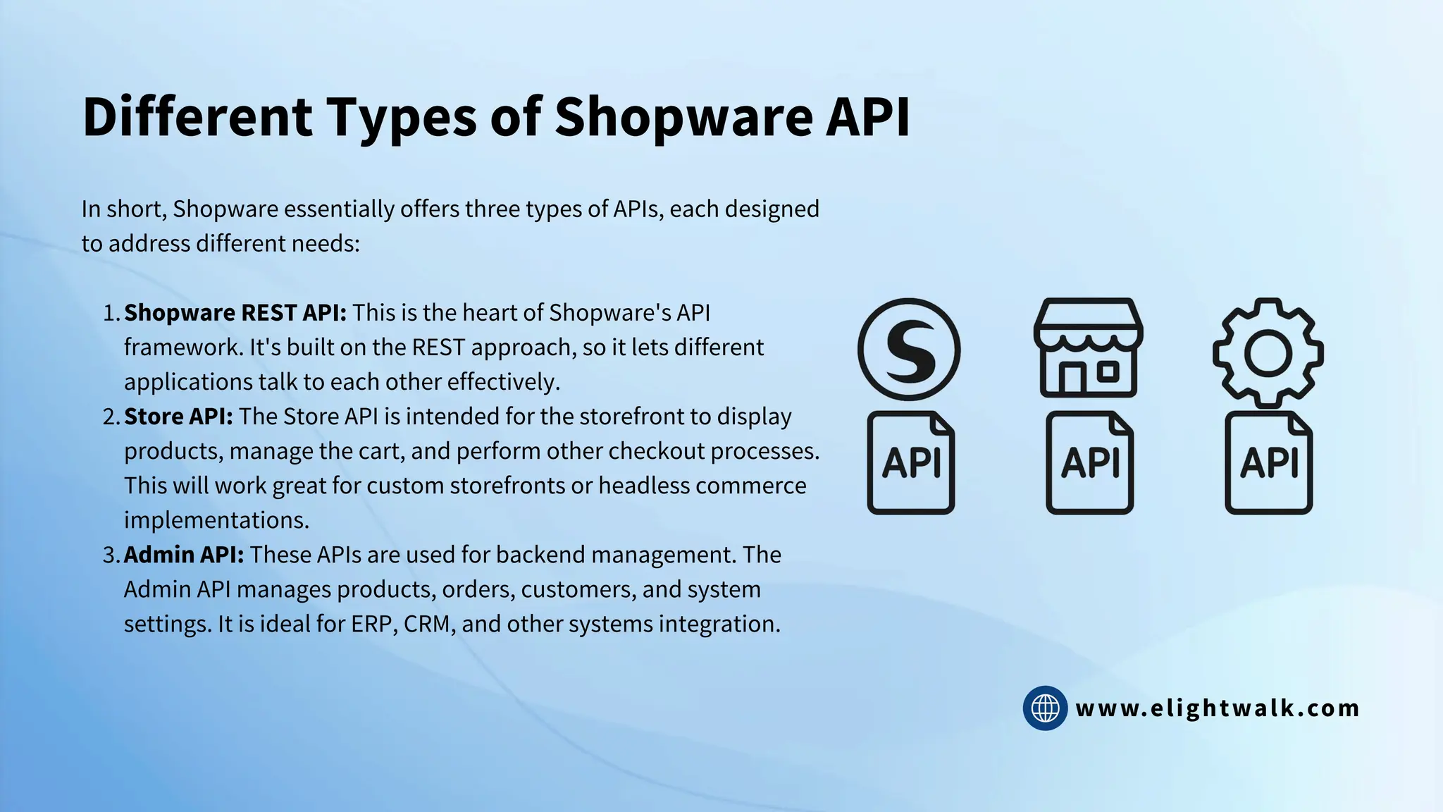 www.elightwalk.com
Different Types of Shopware API
In short, Shopware essentially offers three types of APIs, each designed
to address different needs:
1.Shopware REST API: This is the heart of Shopware's API
framework. It's built on the REST approach, so it lets different
applications talk to each other effectively.
2.Store API: The Store API is intended for the storefront to display
products, manage the cart, and perform other checkout processes.
This will work great for custom storefronts or headless commerce
implementations.
3.Admin API: These APIs are used for backend management. The
Admin API manages products, orders, customers, and system
settings. It is ideal for ERP, CRM, and other systems integration.
 