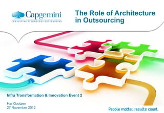 The Role of Architecture
                                     in Outsourcing




Infra Transformation & Innovation Event 2

Har Gootzen
27 November 2012
 