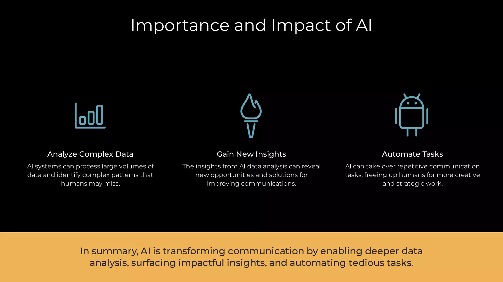 Importance and Impact of AI
Analyze Complex Data
AI systems can process large volumes of
data and identify complex patterns that
humans may miss.
Gain New Insights
The insights from AI data analysis can reveal
new opportunities and solutions for
improving communications.
Automate Tasks
AI can take over repetitive communication
tasks, freeing up humans for more creative
and strategic work.
In summary, AI is transforming communication by enabling deeper data
analysis, surfacing impactful insights, and automating tedious tasks.
 