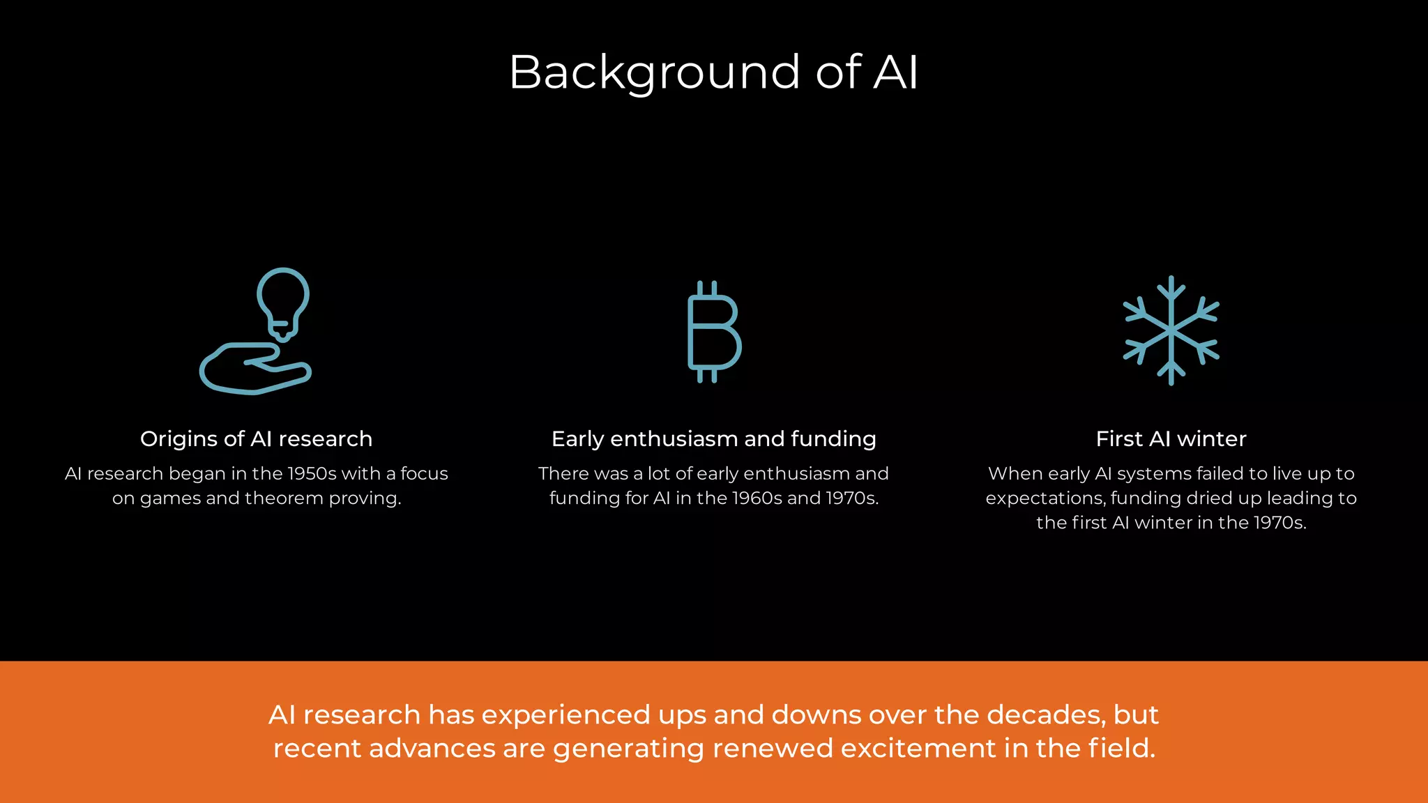 Background of AI
Origins of AI research
AI research began in the 1950s with a focus
on games and theorem proving.
Early enthusiasm and funding
There was a lot of early enthusiasm and
funding for AI in the 1960s and 1970s.
First AI winter
When early AI systems failed to live up to
expectations, funding dried up leading to
the first AI winter in the 1970s.
AI research has experienced ups and downs over the decades, but
recent advances are generating renewed excitement in the field.
 