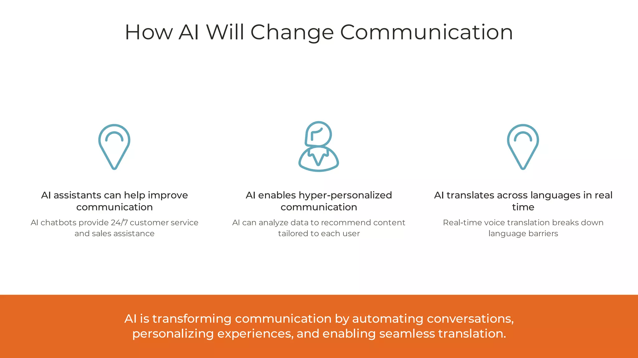 How AI Will Change Communication
AI assistants can help improve
communication
AI chatbots provide 24/7 customer service
and sales assistance
AI enables hyper-personalized
communication
AI can analyze data to recommend content
tailored to each user
AI translates across languages in real
time
Real-time voice translation breaks down
language barriers
AI is transforming communication by automating conversations,
personalizing experiences, and enabling seamless translation.
 