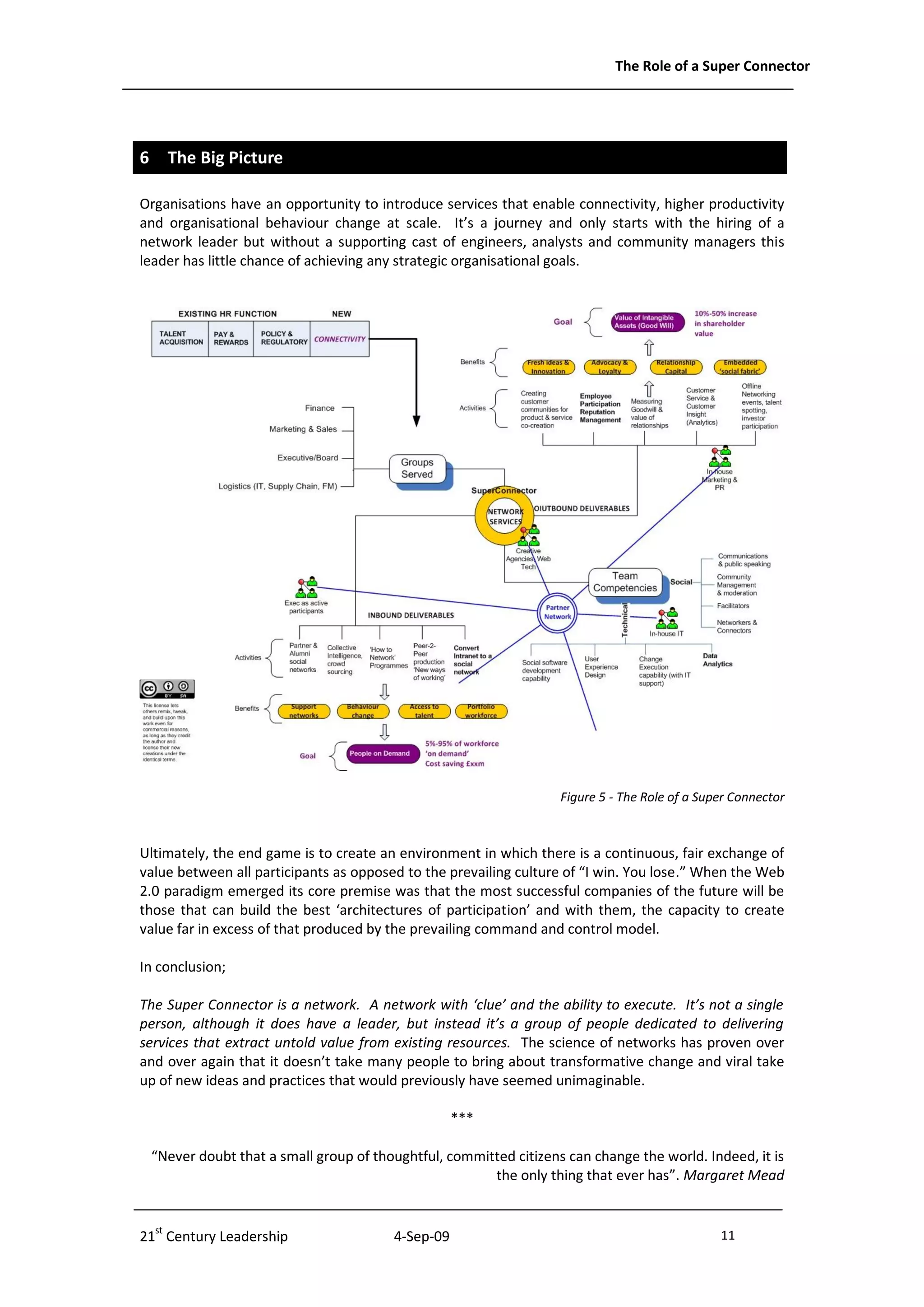 The Role of a Super Connector




6 The Big Picture

Organisations have an opportunity to introduce services that enable connectivity, higher productivity
and organisational behaviour change at scale. It’s a journey and only starts with the hiring of a
network leader but without a supporting cast of engineers, analysts and community managers this
leader has little chance of achieving any strategic organisational goals.




                                                                  Figure 5 - The Role of a Super Connector



Ultimately, the end game is to create an environment in which there is a continuous, fair exchange of
value between all participants as opposed to the prevailing culture of “I win. You lose.” When the Web
2.0 paradigm emerged its core premise was that the most successful companies of the future will be
those that can build the best ‘architectures of participation’ and with them, the capacity to create
value far in excess of that produced by the prevailing command and control model.

In conclusion;

The Super Connector is a network. A network with ‘clue’ and the ability to execute. It’s not a single
person, although it does have a leader, but instead it’s a group of people dedicated to delivering
services that extract untold value from existing resources. The science of networks has proven over
and over again that it doesn’t take many people to bring about transformative change and viral take
up of new ideas and practices that would previously have seemed unimaginable.

                                                   ***

 “Never doubt that a small group of thoughtful, committed citizens can change the world. Indeed, it is
                                                      the only thing that ever has”. Margaret Mead


21st Century Leadership                 4-Sep-09                                              11             - 11 -
 