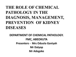 THE ROLE OF CHEMICAL
PATHOLOGY IN THE
DIAGNOSIS, MANAGEMENT,
PREVENTION OF KIDNEY
DISEASES
DEPARTMENT OF CHEMICAL PATHOLOGY.
FMC, ABEOKUTA
Presenters - Mrs Oduola Ganiyah
Mr Dalyop
Mr Adegoke
 