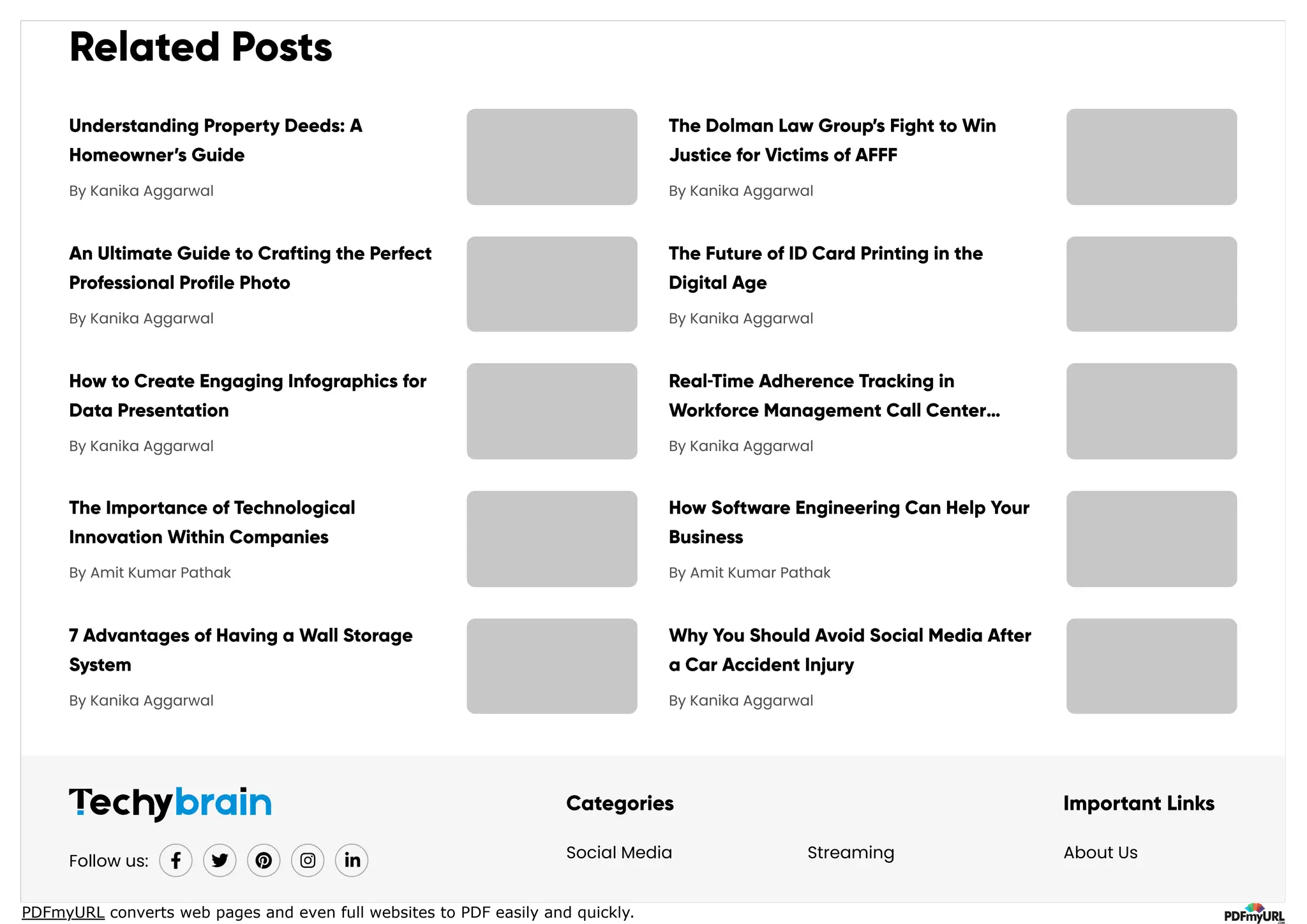 PDFmyURL converts web pages and even full websites to PDF easily and quickly.
Understanding Property Deeds: A
Homeowner’s Guide
The Dolman Law Group’s Fight to Win
Justice for Victims of AFFF
An Ultimate Guide to Crafting the Perfect
Professional Profile Photo
The Future of ID Card Printing in the
Digital Age
How to Create Engaging Infographics for
Data Presentation
Real‑Time Adherence Tracking in
Workforce Management Call Center…
The Importance of Technological
Innovation Within Companies
How Software Engineering Can Help Your
Business
7 Advantages of Having a Wall Storage
System
Why You Should Avoid Social Media After
a Car Accident Injury
Related Posts
By Kanika Aggarwal By Kanika Aggarwal
By Kanika Aggarwal By Kanika Aggarwal
By Kanika Aggarwal By Kanika Aggarwal
By Amit Kumar Pathak By Amit Kumar Pathak
By Kanika Aggarwal By Kanika Aggarwal
Follow us:
Categories
Social Media Streaming
Important Links
About Us
 
