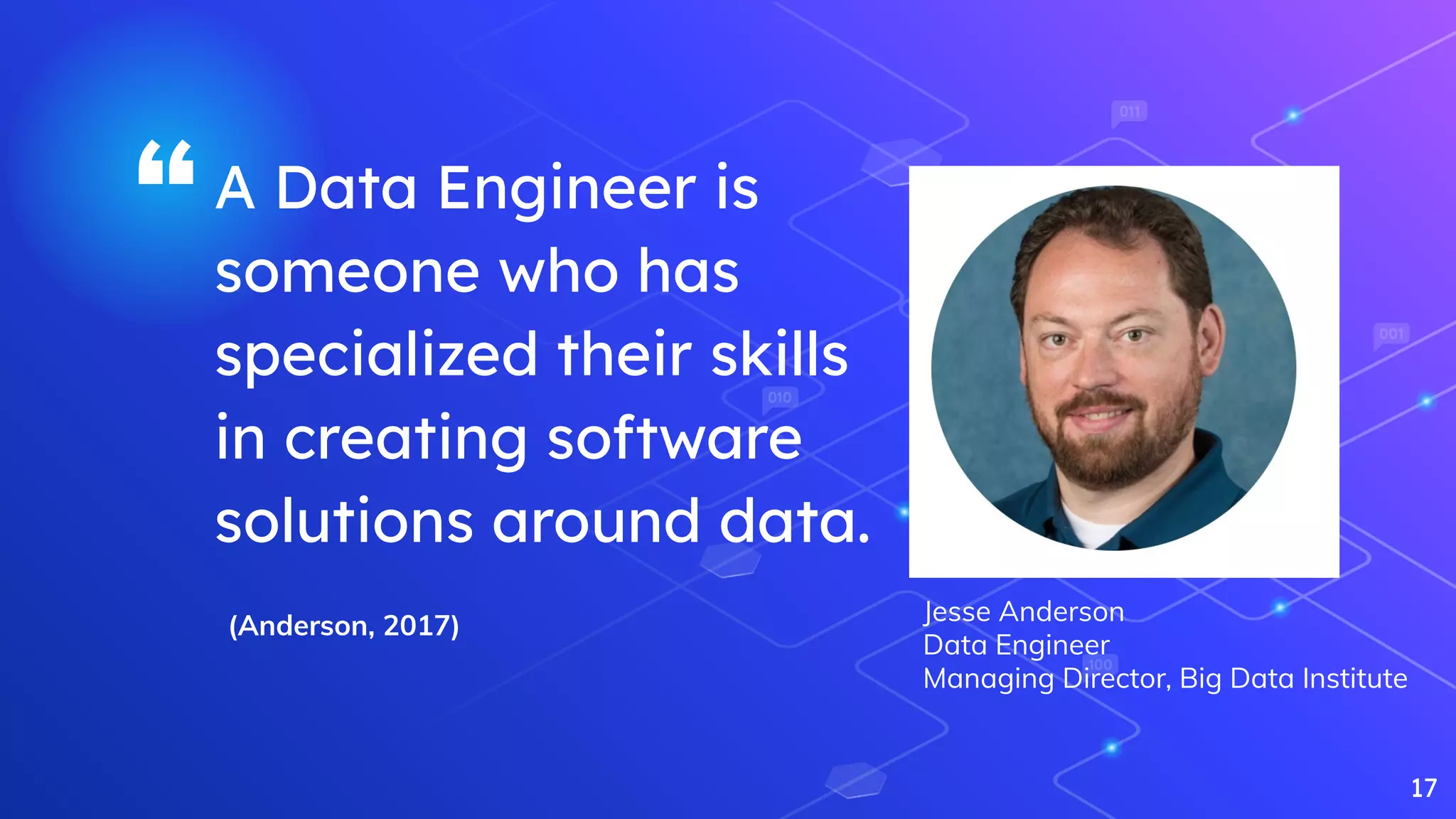 “A Data Engineer is
someone who has
specialized their skills
in creating software
solutions around data.
17
(Anderson, 2017)
Jesse Anderson
Data Engineer
Managing Director, Big Data Institute
 