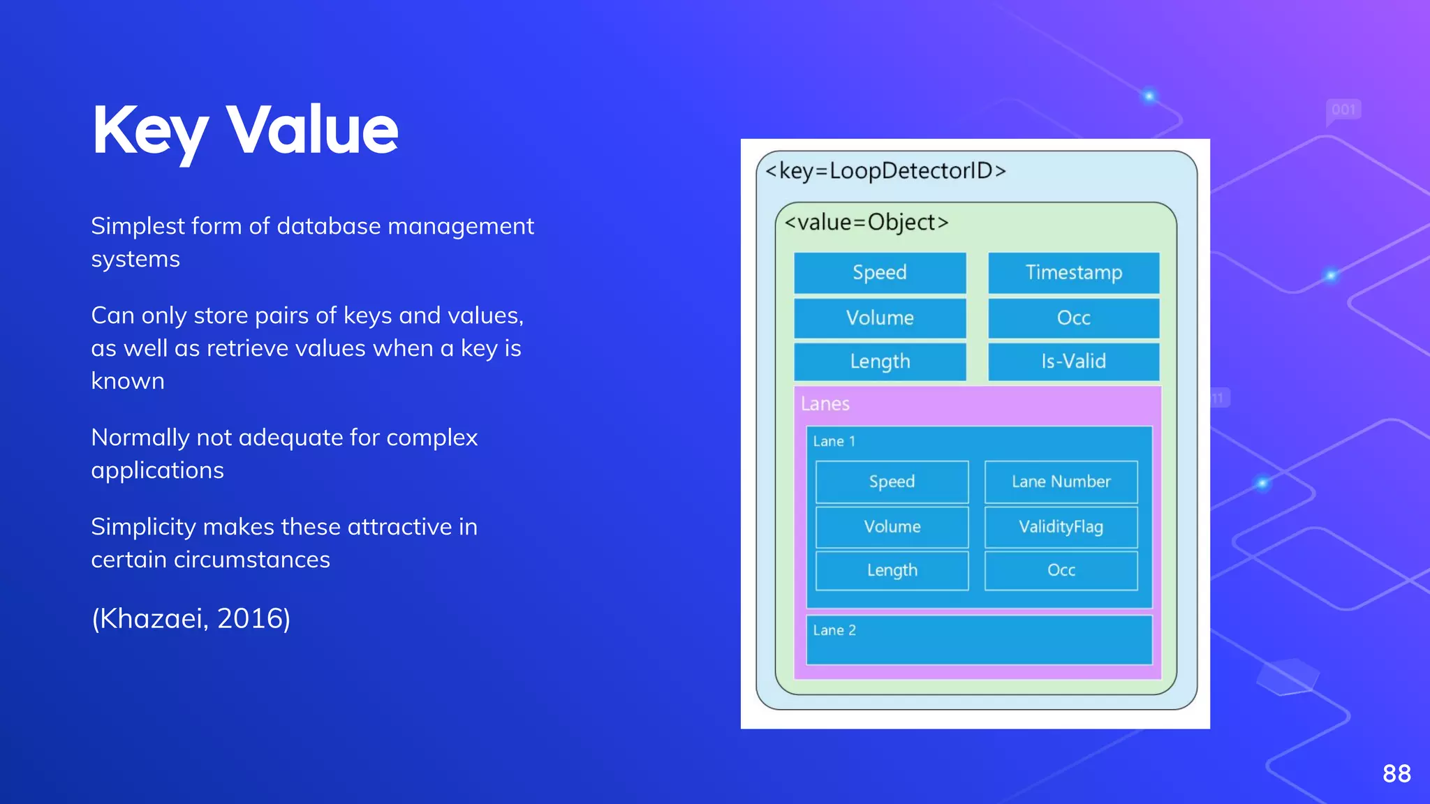 Key Value
88
Simplest form of database management
systems
Can only store pairs of keys and values,
as well as retrieve values when a key is
known
Normally not adequate for complex
applications
Simplicity makes these attractive in
certain circumstances
(Khazaei, 2016)
 