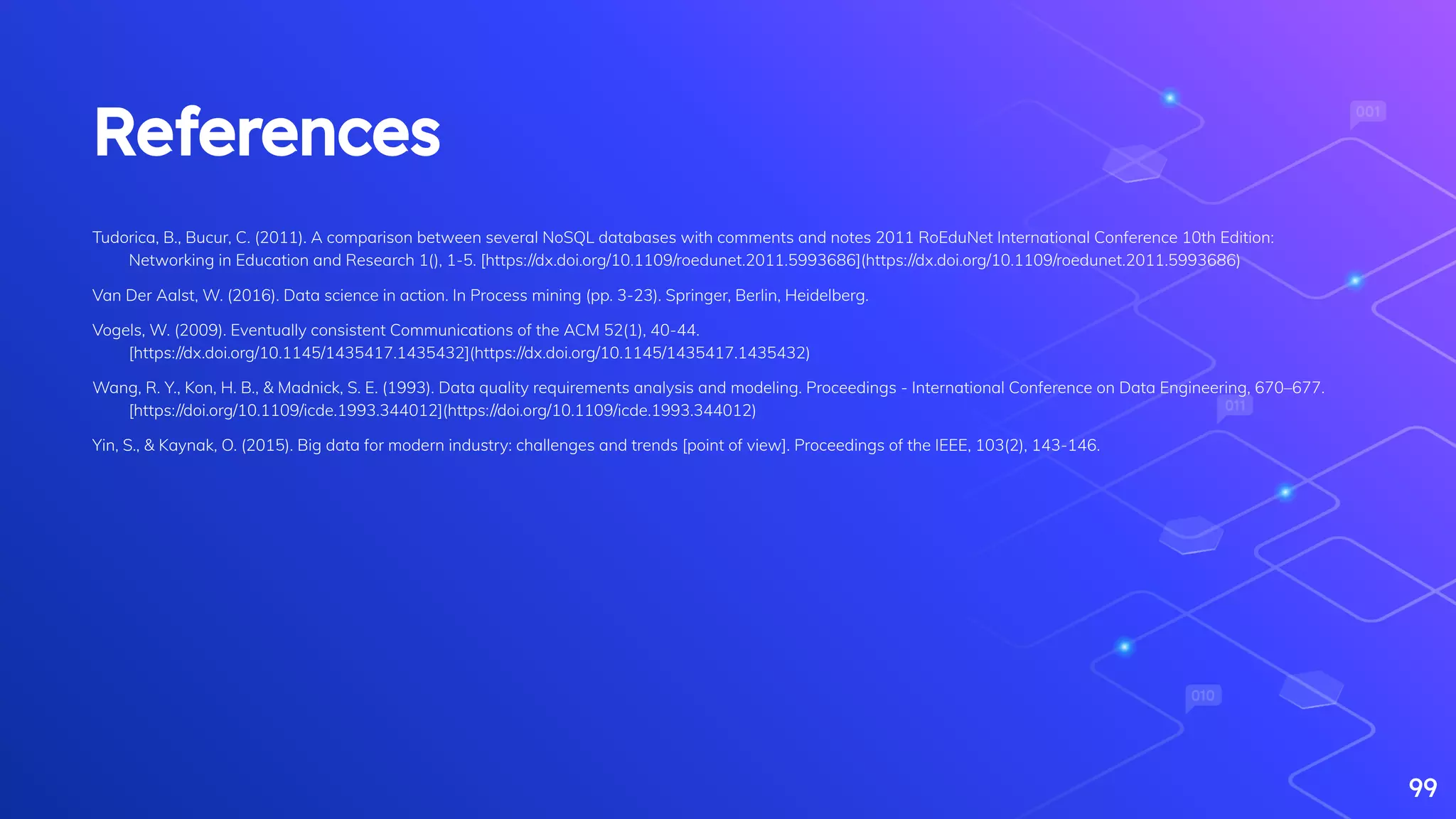 References
Tudorica, B., Bucur, C. (2011). A comparison between several NoSQL databases with comments and notes 2011 RoEduNet International Conference 10th Edition:
Networking in Education and Research 1(), 1-5. [https://dx.doi.org/10.1109/roedunet.2011.5993686](https://dx.doi.org/10.1109/roedunet.2011.5993686)
Van Der Aalst, W. (2016). Data science in action. In Process mining (pp. 3-23). Springer, Berlin, Heidelberg.
Vogels, W. (2009). Eventually consistent Communications of the ACM 52(1), 40-44.
[https://dx.doi.org/10.1145/1435417.1435432](https://dx.doi.org/10.1145/1435417.1435432)
Wang, R. Y., Kon, H. B., & Madnick, S. E. (1993). Data quality requirements analysis and modeling. Proceedings - International Conference on Data Engineering, 670–677.
[https://doi.org/10.1109/icde.1993.344012](https://doi.org/10.1109/icde.1993.344012)
Yin, S., & Kaynak, O. (2015). Big data for modern industry: challenges and trends [point of view]. Proceedings of the IEEE, 103(2), 143-146.
99
 
