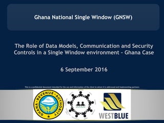 This is a confidential document intended for the use and information of the client to whom it is addressed and implementing partners
Ghana National Single Window (GNSW)
The Role of Data Models, Communication and Security
Controls in a Single Window environment – Ghana Case
6 September 2016
 