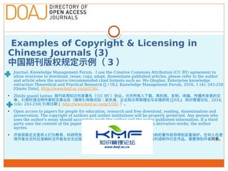 Examples of Copyright & Licensing in
Chinese Journals (3)
中国期刊版权规定示例（ 3 ）
• Journal: Knowledge Management Forum.  I use th...