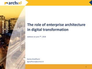 The role of enterprise architecture
in digital transformation
webinar on june 7th, 2018
Danny Greefhorst
dgreefhorst@archixl.nl
1
 