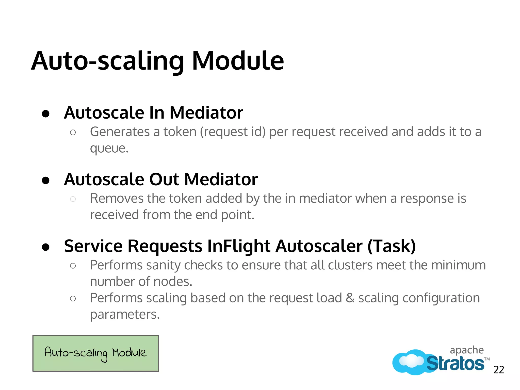 Auto-scaling Module
● Autoscale In Mediator
○ Generates a token (request id) per request received and adds it to a
queue.
● Autoscale Out Mediator
○ Removes the token added by the in mediator when a response is
received from the end point.
● Service Requests InFlight Autoscaler (Task)
○ Performs sanity checks to ensure that all clusters meet the minimum
number of nodes.
○ Performs scaling based on the request load & scaling configuration
parameters.
Auto-scaling Module
22
 