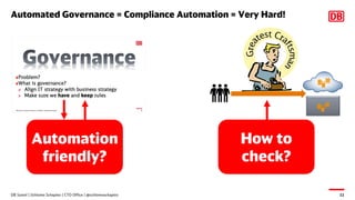 Automated Governance = Compliance Automation = Very Hard!
DB Systel | Schlomo Schapiro | CTO Office | @schlomoschapiro 11
...