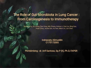 The Role of Gut Microbiota in Lung Cancer :
From Carcinogenesis to Immunotherapy
Xiangjun liu, Ye cheng, Dan Zang, Min Zhang, Xiuhua Li, Dan Liu, Bing Gao,
Huan Zhou, Jinzhe Sun, Xu Han, Meixi Lin, Jun Chen
Indrawaty Alimuddin
C175172005
Pembimbing : dr. Arif Santoso, Sp.P (K), Ph.D, FAPSR
 