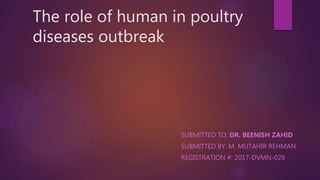 The role of human in poultry
diseases outbreak
SUBMITTED TO: DR. BEENISH ZAHID
SUBMITTED BY: M. MUTAHIR REHMAN
REGISTRATION #: 2017-DVMN-029
 
