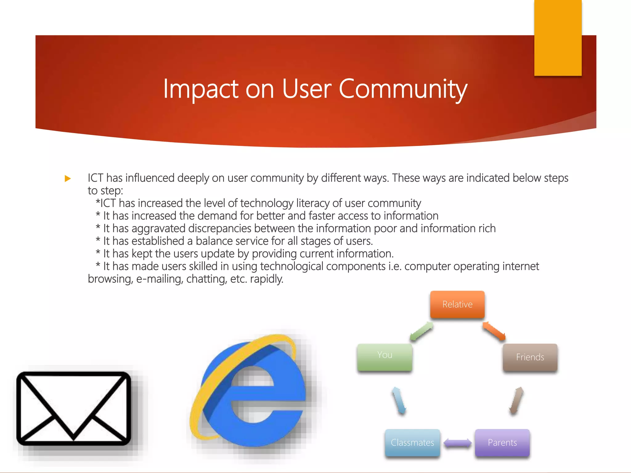  ICT has influenced deeply on user community by different ways. These ways are indicated below steps
to step:
*ICT has increased the level of technology literacy of user community
* It has increased the demand for better and faster access to information
* It has aggravated discrepancies between the information poor and information rich
* It has established a balance service for all stages of users.
* It has kept the users update by providing current information.
* It has made users skilled in using technological components i.e. computer operating internet
browsing, e-mailing, chatting, etc. rapidly.
Impact on User Community
Relative
Friends
Parents
Classmates
You
 