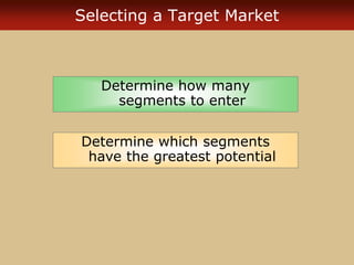 Selecting a Target Market
Determine how many
segments to enter
Determine which segments
have the greatest potential
 
