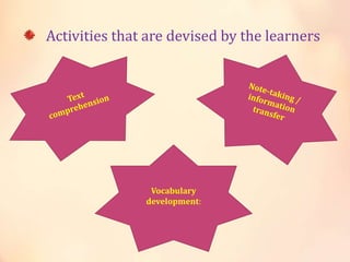 Activities that are devised by the learners
Vocabulary
development:
 