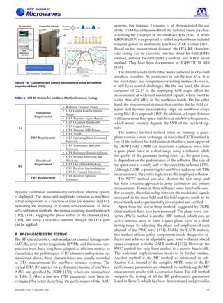 FIGURE 19. Calibration and pattern measurement using MF method
(reproduced from [159]).
TABLE 3. OTA RF Metrics for mmWave AAU Conformance Testing
dynamic calibration automatically carried out after the system
is deployed. The phase and amplitude variation in mmWave
active components as a function of time are reported in [161],
indicating the necessity of system self-calibration. In these
self-calibration methods, the mutual coupling-based approach
[162], [163], toggling the phase shifter of the channel [164],
[165], and using a reference antenna through the OTA path
can be applied.
B. RF CHARACTERISTIC TESTING
The RF characteristics, such as adjacent channel leakage ratio
(ACLR), error vector magnitude (EVM), and harmonic sup-
pression level, have long been adopted as efficient metrics to
characterize the performance of RF channels and systems. As
mentioned above, these characteristics are usually recorded
in OTA measurements for mmWave wireless systems. The
typical OTA RF metrics for performance testing of mmWave
AAUs are specified by 3GPP [130], which are summarized
in Table 3. Also, a few new OTA parameters have been in-
vestigated for better describing the performance of the AAU
systems. For instance, Leinonen et al. demonstrated the use
of the EVM-based beamwidth of the radiated beam for char-
acterizing the coverage of the mmWave BSs [166]. A beam
EIRP (BEIRP) was proposed to reflect a certain beam radiated
transmit power in multibeam mmWave AAU system [167].
Based on the measurement distance, the OTA RF character-
istic testing can be classified into the direct far-field (DFF)
method, indirect far-filed (IDFF) method, and NTFT based
method. They have been documented in 3GPP TR 38. 810
[168].
The direct far-field method has been conducted in a far-field
anechoic chamber. As mentioned in sub-Section V.A. It is
the most direct and comprehensive testing method. However,
it still faces several challenges. On the one hand, the phase
curvature of 22.5° in the impinging field might affect the
measurement of wideband modulated signals, which could be
wider than 400 MHz in the mmWave bands. On the other
hand, the measurement distance that satisfies the far-field cri-
terion will become unacceptably large for mmWave arrays
using Blak-Box approach [169]. In addition, a longer distance
will cause more free-space path loss at mmWave frequencies,
which would severely degrade the SNR of the received sig-
nals.
The indirect far-filed method relies on forming a quasi-
plane wave in a short test range, in which the CATR method is
one of the indirect far-field methods that have been approved
by 3GPP [168]. CATR can transform a spherical wave into
a quasi-plane wave in a short range using a reflector, while
the quality of the generated testing zone, i.e., the quiet zone,
is dependent on the performance of the reflector. The size of
the quiet zone is usually half of the size of the reflector [170].
Although CATR is promising for mmWave and even sub-THz
measurements, the cost is high due to the employed reflector.
The NFTF method can also shorten the test range and
has been a mature approach in array calibration and pattern
measurement. However, there still exist some unsolved issues.
For example, the relationship between the modulated signals
measured in the near-field and far-field regions needs to be
theoretically and experimentally investigated and verified.
Apart from the above three methods suggested by 3GPP,
other methods have also been proposed. The plane wave con-
verter (PWC) method is another IDF method, which uses an
active antenna array to form a quasi-plane wave in a short
testing range by adjusting the phase and amplitude of each
channel of the PWC array [171]. Unlike the CATR method,
this method utilizes active components inside the passive re-
flector and achieves an adjustable quiet zone within a reduced
space compared with the CATR method [172]. However, the
PWC method has only been applied to a narrow bandwidth.
The wideband implementation needs to be further studied.
Another method is the MF method as mentioned in sub-
Section V.A. Instead of the complex NFTF, some of the RF
performance parameters are obtained by multiplying the MF
measurement results with a correction factor. The MF method
supports the testing of all the RF performance parameters
listed in Table 3, which has been demonstrated and proved in
VOLUME 1, NO. 1, JANUARY 2021 113
 