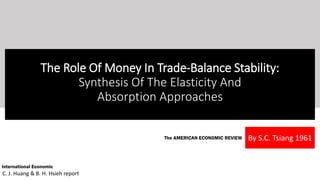 The Role Of Money In Trade-Balance Stability:
Synthesis Of The Elasticity And
Absorption Approaches
By S.C. Tsiang 1961
C. J. Huang & B. H. Hsieh report
International Economic
The AMERICAN ECONOMIC REVIEW
 