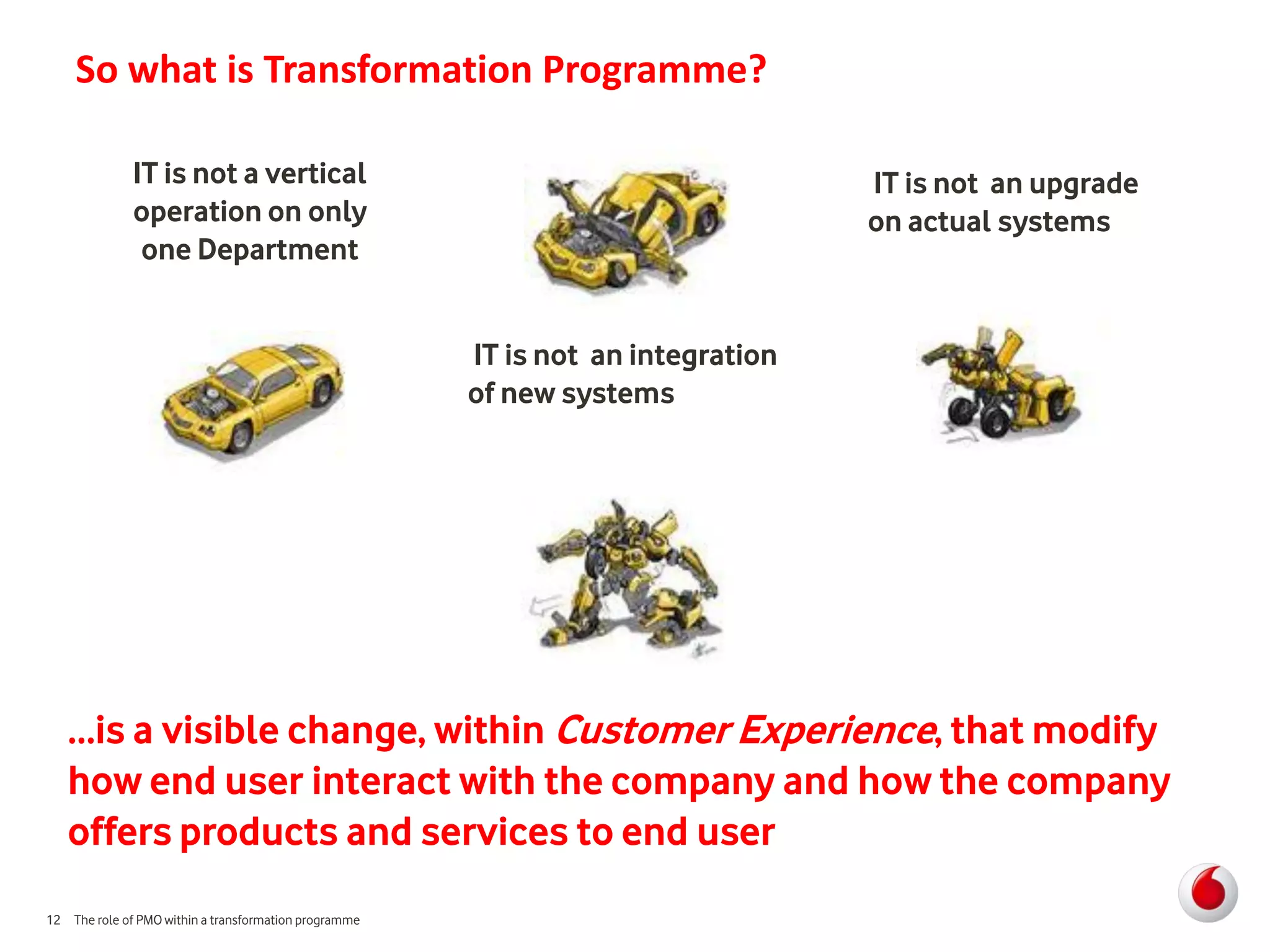 So what is Transformation Programme?

              IT is not a vertical                                                IT is not an upgrade
              operation on only                                                   on actual systems
               one Department


                                                       IT is not an integration
                                                       of new systems




   …is a visible change, within Customer Experience, that modify
   how end user interact with the company and how the company
   offers products and services to end user
12 The role of PMO within a transformation programme
 
