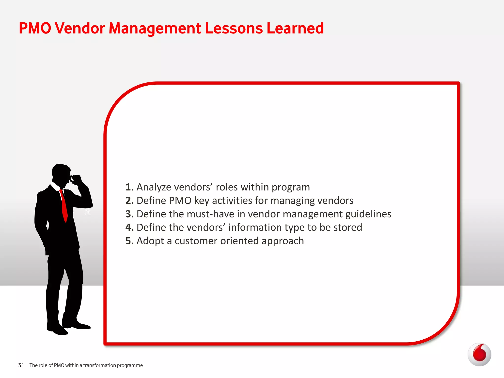 PMO Vendor Management Lessons Learned




                                            1. Analyze vendors’ roles within program
                                            2. Define PMO key activities for managing vendors
                                            3. Define the must-have in vendor management guidelines
                                            4. Define the vendors’ information type to be stored
                                            5. Adopt a customer oriented approach




31 The role of PMO within a transformation programme
 