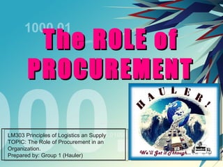 The ROLE of PROCUREMENT LM303 Principles of Logistics an Supply TOPIC: The Role of Procurement in an Organization. Prepared by: Group 1 (Hauler) 