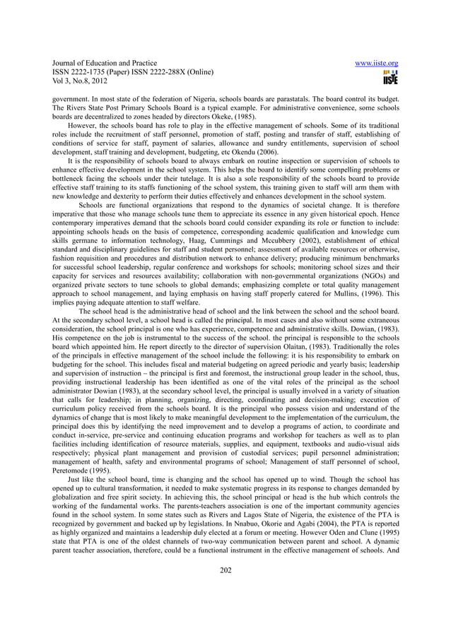 The role of school board, school heads and parent teachers association