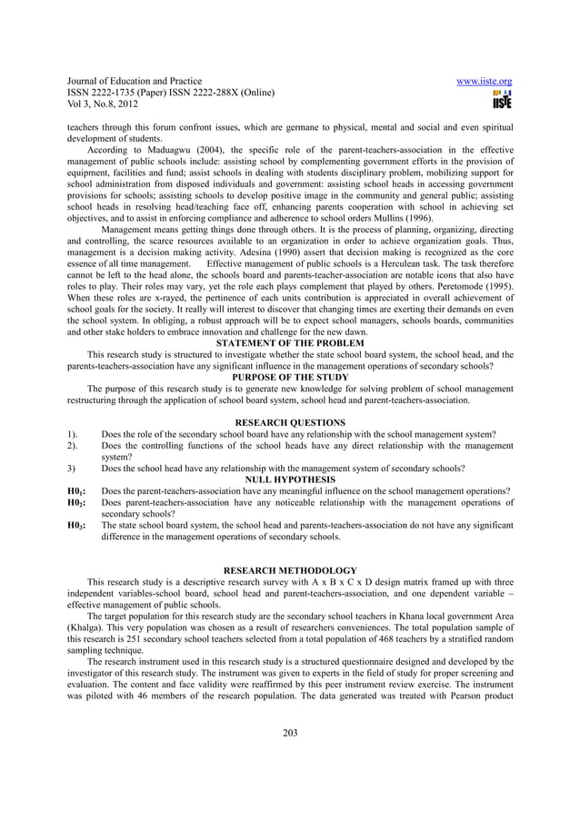 The role of school board, school heads and parent teachers association