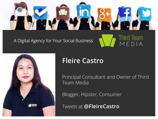 A Digital Agency for Your Social Business

Fleire Castro
Principal Consultant and Owner of Third
Team Media
Blogger, Hipster, Consumer
Tweets at @FleireCastro

 